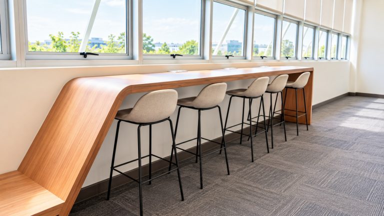 Innovative custom furniture design, featuring integrated, ergonomic seating for study and creativity